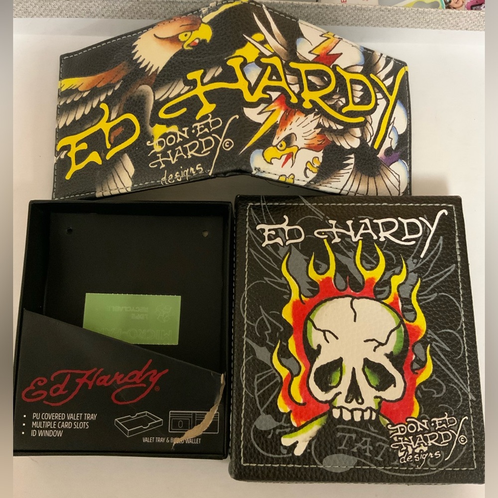 Ed Hardy Black Wallet with Flame Skull Artwork